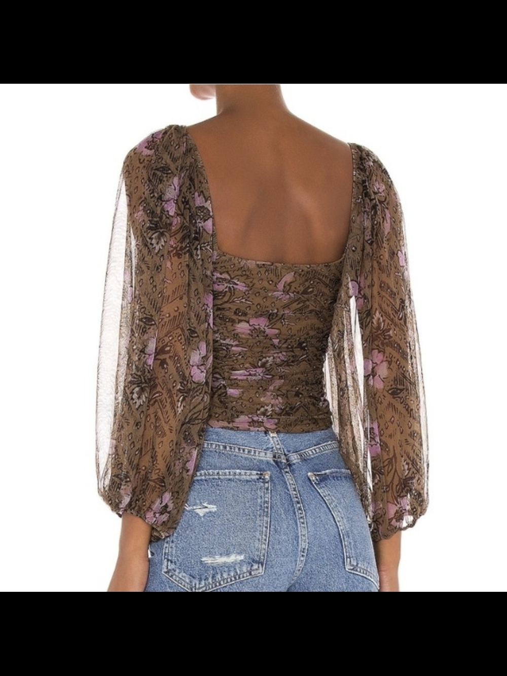 Free People Lilia Crop Brown Floral Mesh with Purple And Square Neckline Small - Picture 2 of 9
